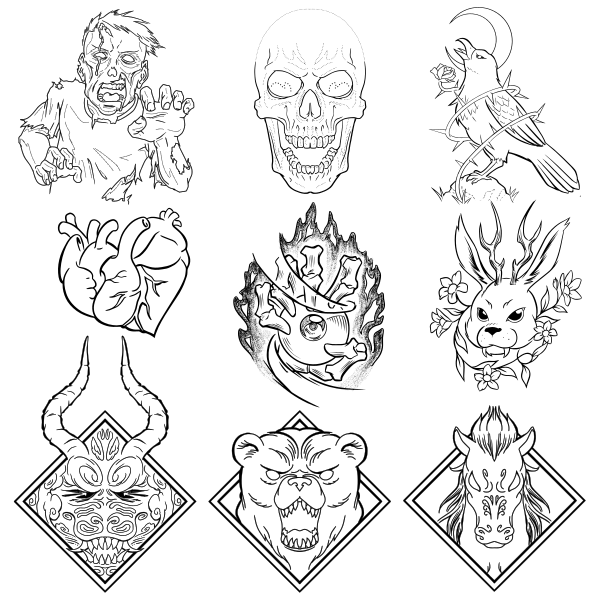 A sample sheet of various tattoo flash designs