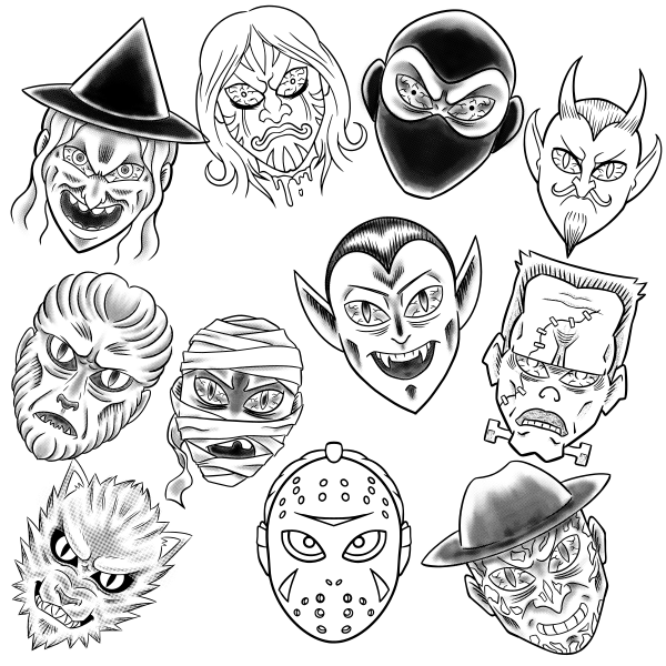 A sample sheet of various tattoo flash designs