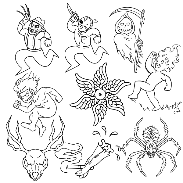 A sample sheet of various tattoo flash designs