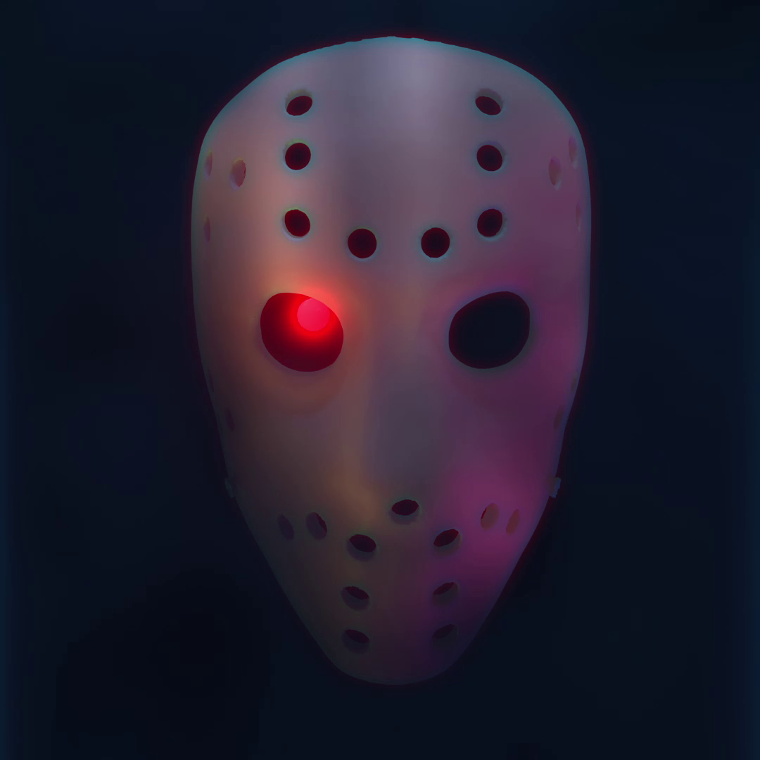 3d rendered image of Jason Voorhees's mask with a glowing red eye.